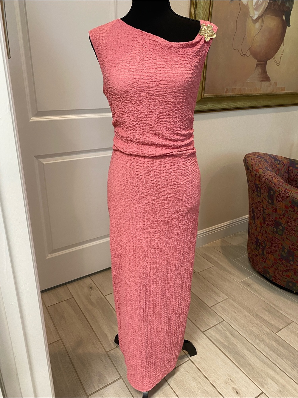 See You Monday Pink Textured One-Shoulder off Maxi Dress with Floral Accent